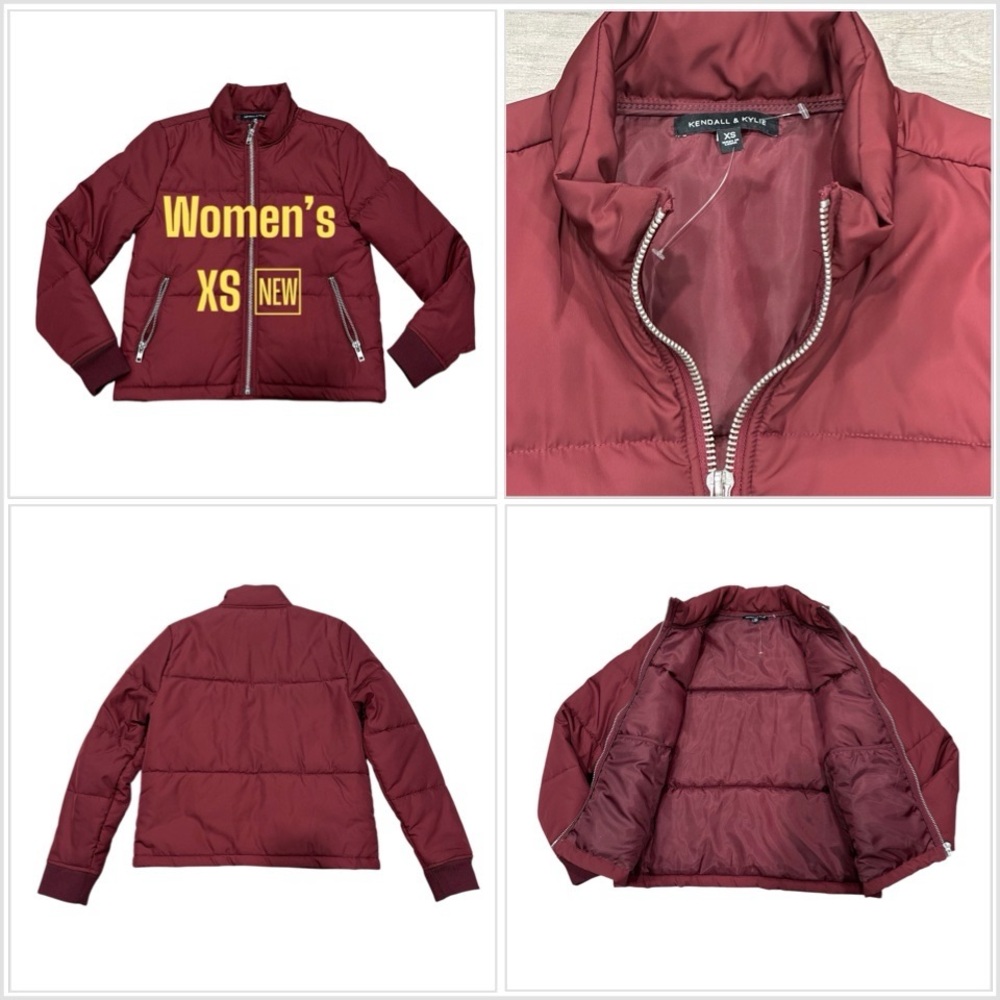 Kendall & Kylie XS 0 - 2 Quilted Bomber Puffer Jacket Coat Burgundy Metal Zipper
